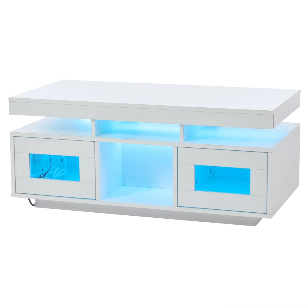 Tavolino da caff猫 100x50x43 cm; luci LED da app e prese USB; 2 armadi e 2 vani; truciolare bianco