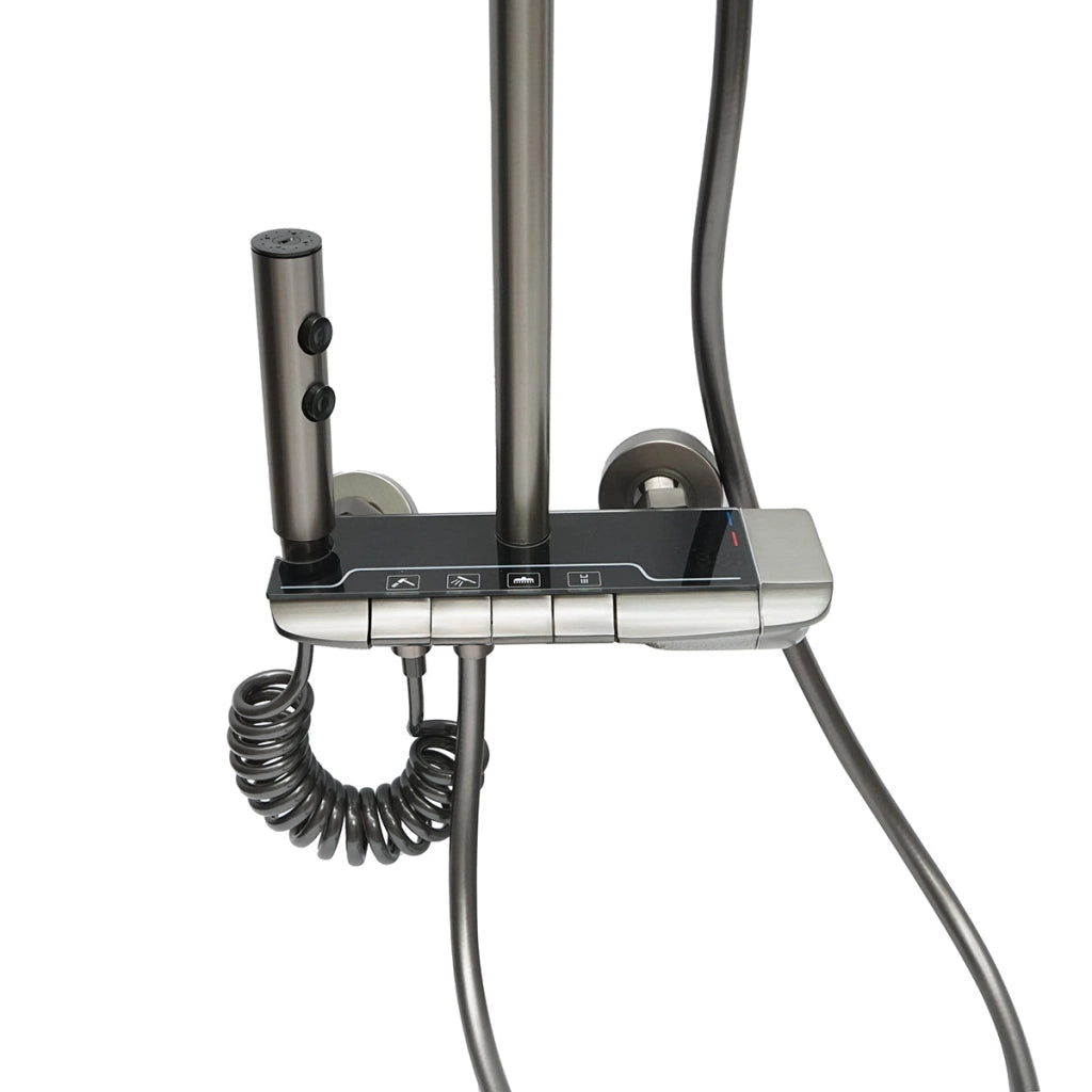 Set doccia multifunzionale con termostato, display digitale della temperatura dell’acqua, 4 funzioni di erogazione dell’acqua, bocca per vasca, soffione rettangolare, doccetta a mano, doccia bidet, colore grigio.