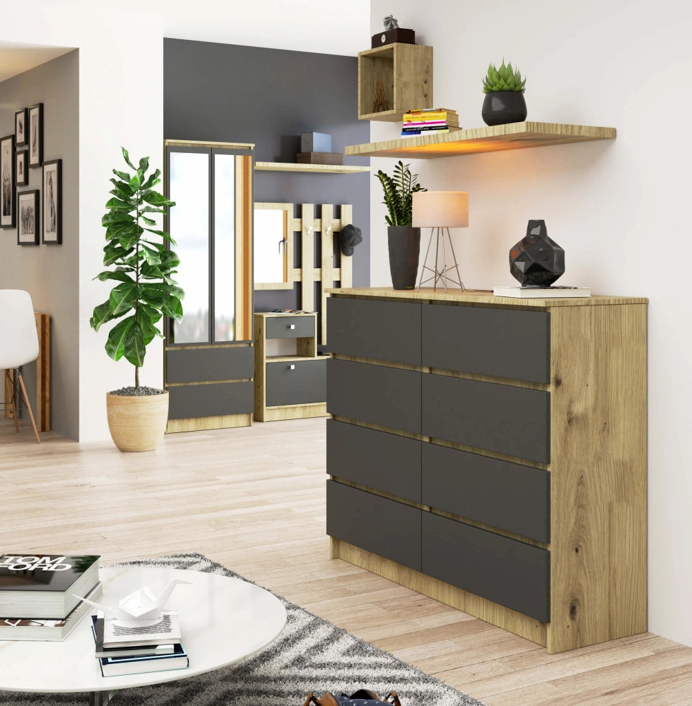 Cassettiera AKORD K120 Quercia Artisan 120 cm 8 cassetti inserto frontale Grigio Grafite 120x40x99 cm
