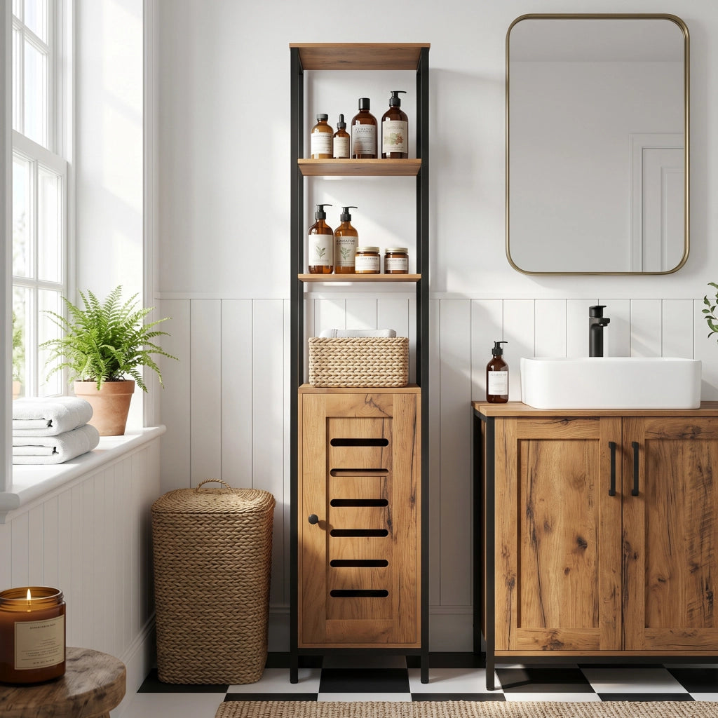 Mobile da Bagno a Colonna 37x30x167 cm Salvaspazio con Ante Soft Close a Persiana 3 Ripiani Aperti Struttura in Acciaio