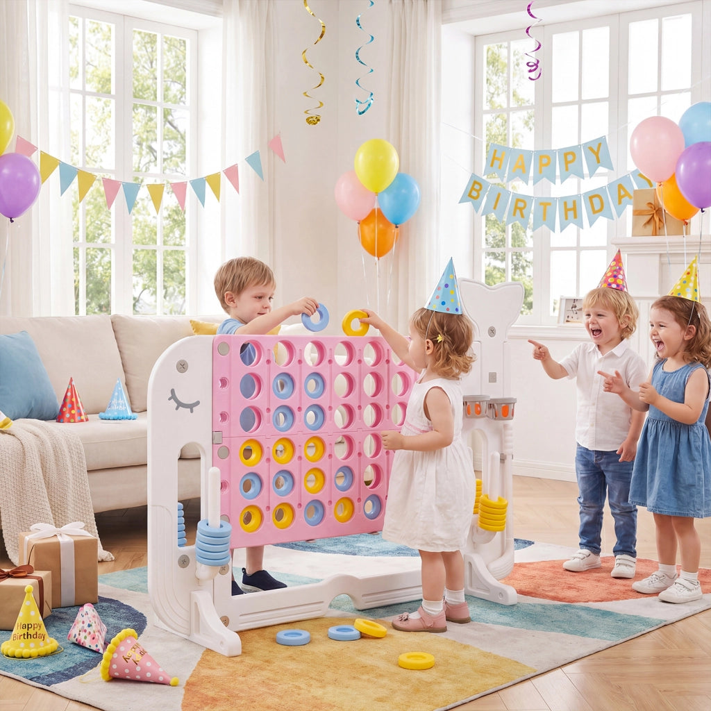 Forza 4 gigante altezza regolabile per bambini, Gioco 4 in linea 42 pedine pallone basket 2 palline mazza golf 3 anelli 2 portabicchieri Rosa