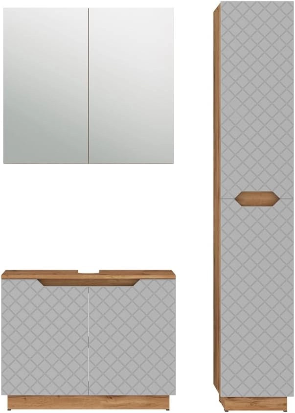 Set di mobili da bagno Lotta, Rovere/grigio con struttura in piastrelle, 3 parti