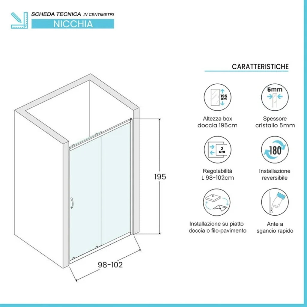 Porta doccia nicchia 100cm in vetro temperato trasparente scorrevole con profilo bianco Tay
