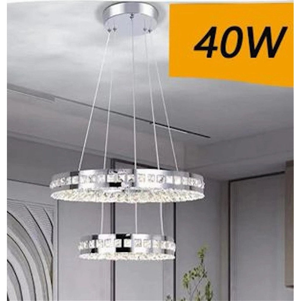 Trade Shop - Lampadario Led Soffitto 40 W Sospeso 2 Anelli In Cristallo Luce Fredda 8000k B71 -