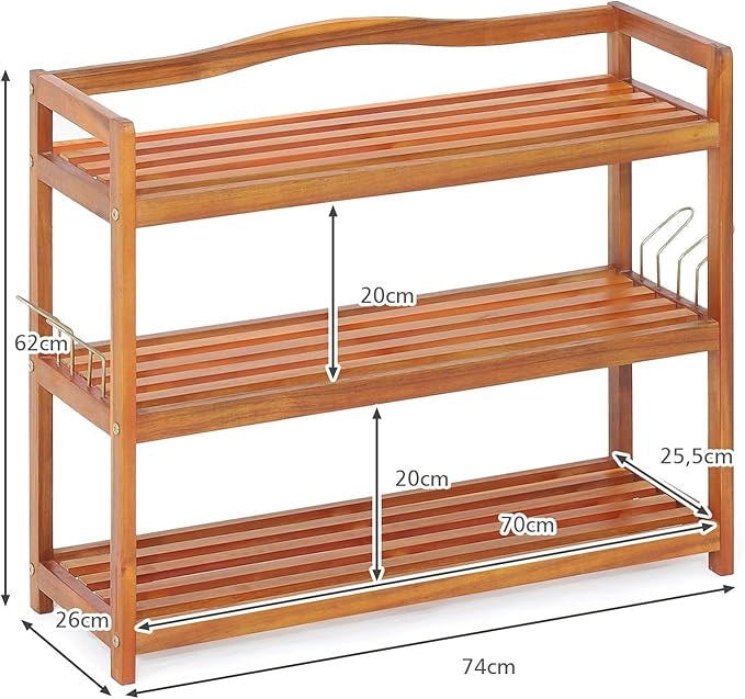 Scarpiera a 2 Livelli, Scaffale per Scarpe in Legno di Acacia Solido con Ganci Laterali in Metallo, Contiene 12 Paia, Capacità di Ogni Ripiano 20 kg, 74 x 26 x 42 cm (3 Livelli)