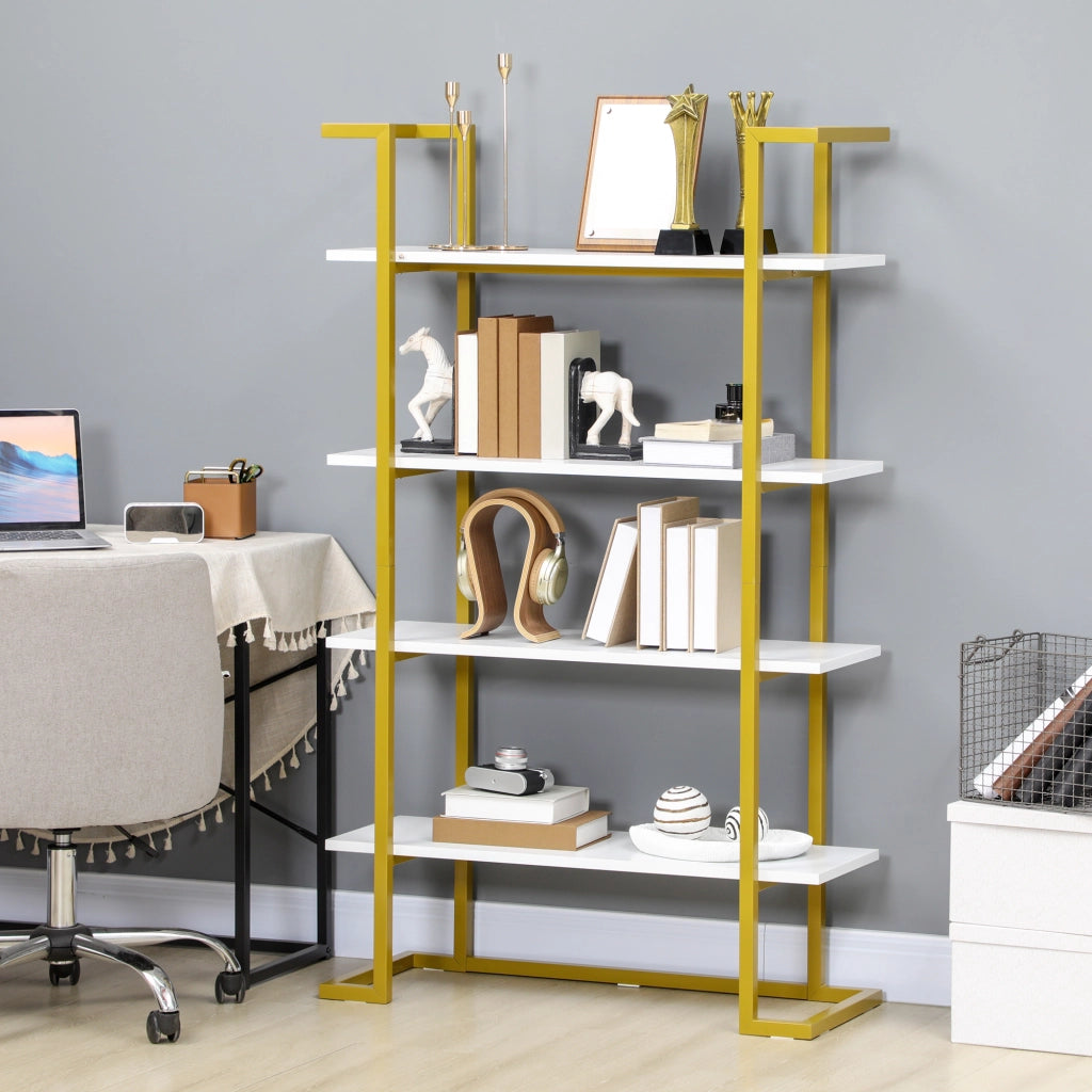 Scaffale libreria a 4 livelli in MDF e acciaio, mobile multiuso per casa e ufficio, design moderno, 92x35x152cm, bianco e oro