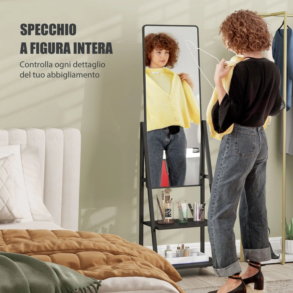 Specchio da Terra Autoportante con Ruote 42x37x155 cm in Acciaio e Legno Nero