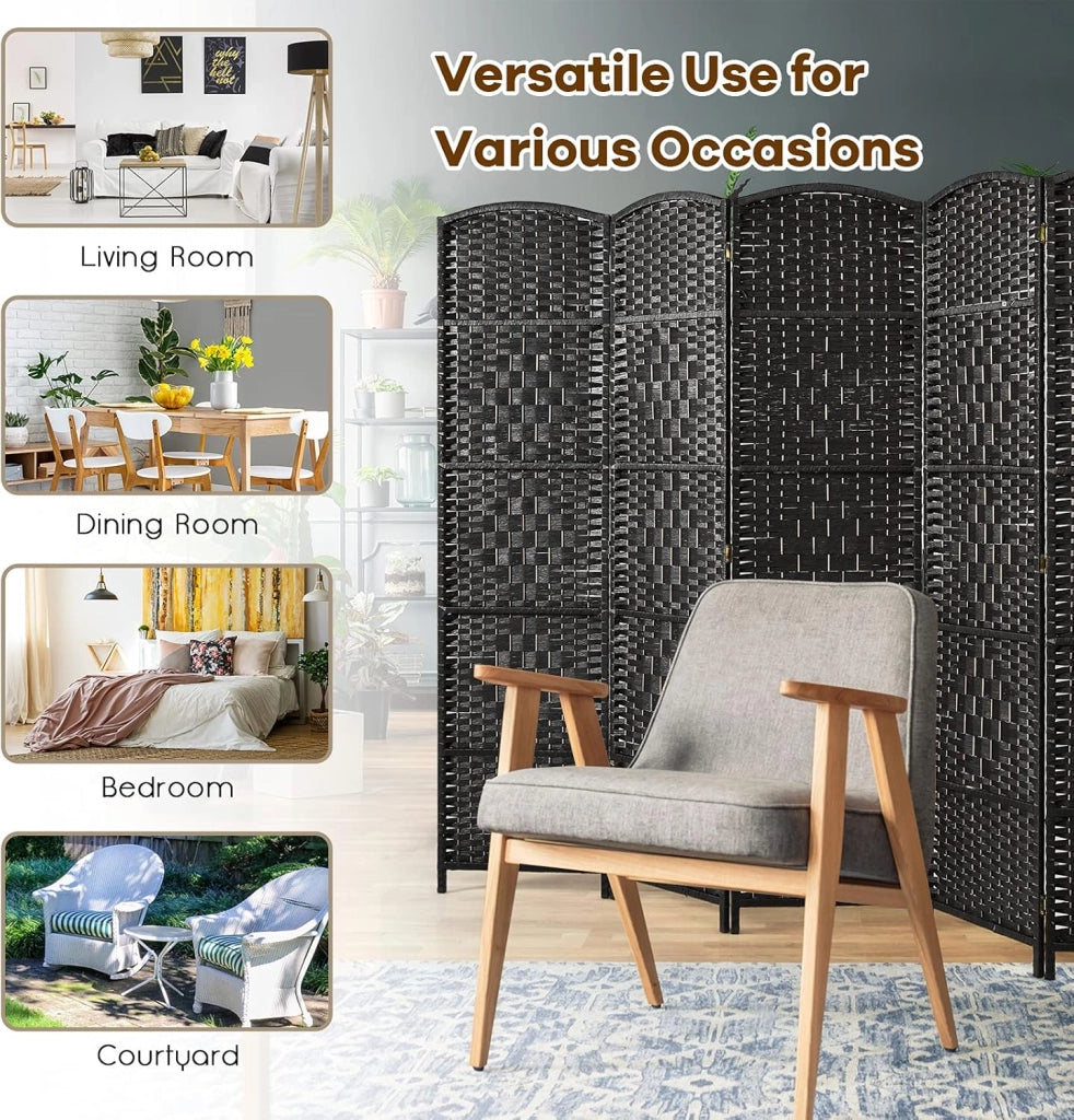 Paravento a 6 Pannelli, Separatore di Ambienti Pieghevole con Struttura in Legno Massello, Schermo di Privacy Decorativo per Casa, Ristorante, Ufficio, 270,5 x 1,5 x 180 cm (Nero)