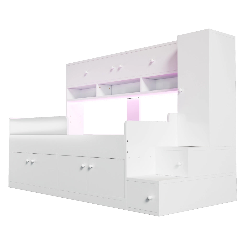 Letto a soppalco 90 × 200 cm con scala contenitore armadio LED e barriera in legno bianco