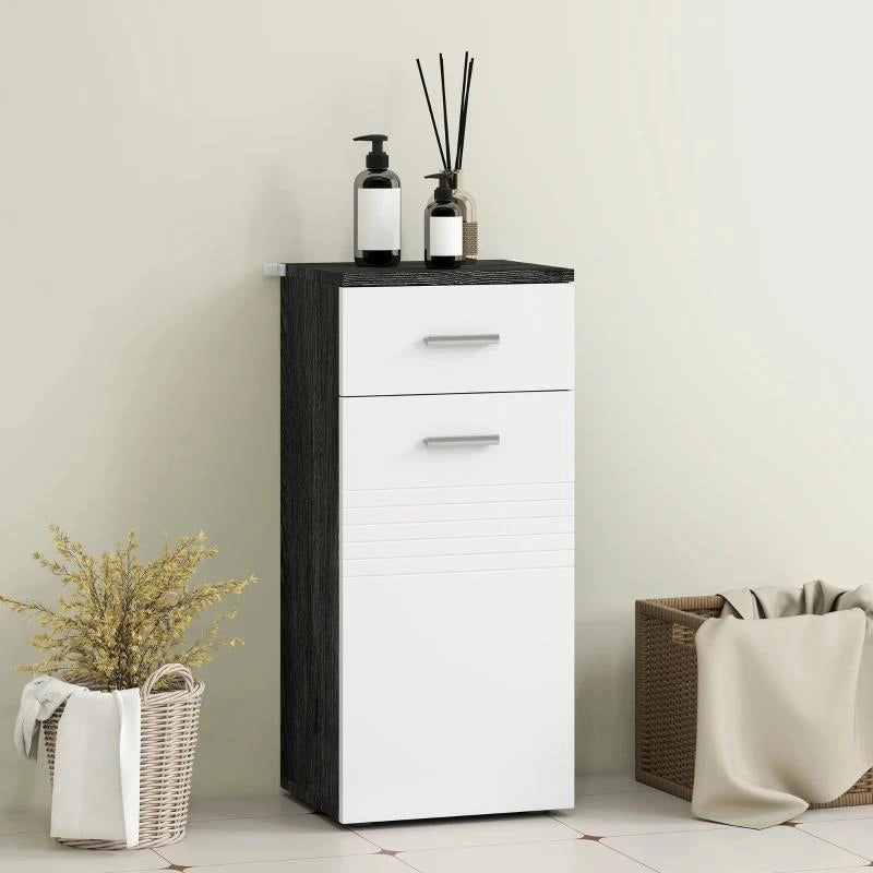 MOBILE BAGNO CON CASSETTO E ARMADIETTO IN LEGNO, 35X30X77.5CM, BIANCO E NERO