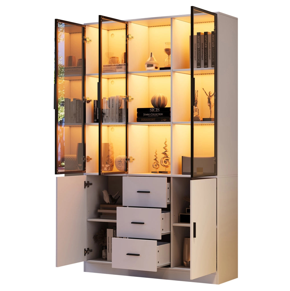 Vetrina alta 120x30x200 cm in truciolare bianco con LED RGB; 3 cassetti e 5 ante