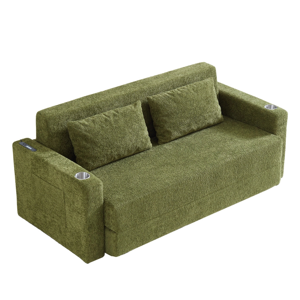 Divano letto convertibile 2 posti per piccoli spazi con porte USB, portabicchieri e tasche laterali in velluto verde