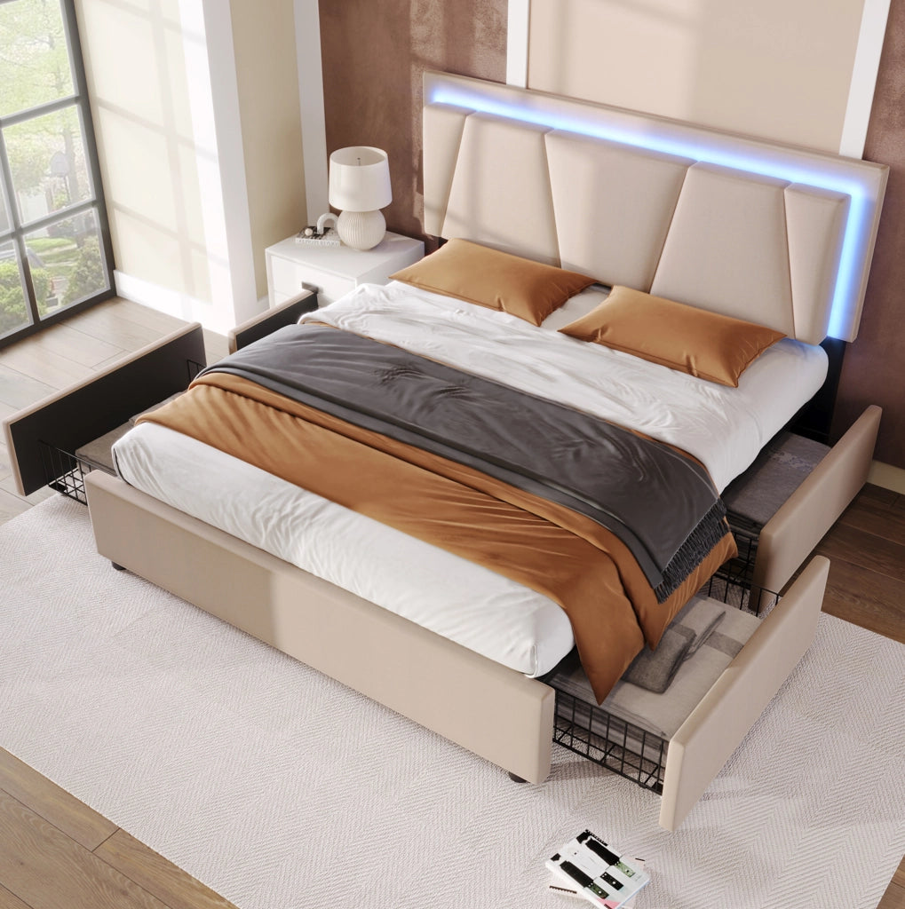 Letto matrimoniale 140x200 cm imbottito con LED; testiera regolabile e 4 cassetti; beige