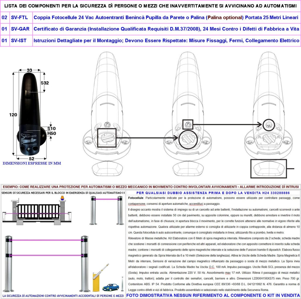 Fotocellule Sicurezza Movimento Cancello Elettrico 2 Coppie Trasmettitore e Ricevitore Portata 20 Metri Orientabili 180° in Orizzontale Montaggio a Parete Oppure Palina Alimentazione 12/24 Vac IP44