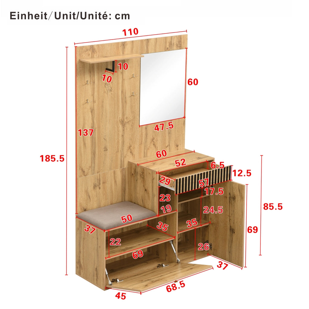 Mobile Ingresso con Specchio; 2 Ante; 1 Cassetto e Seduta Imbottita; Ripiani Regolabili; in MDF; Nero e Legno; 110??37??185;5 cm