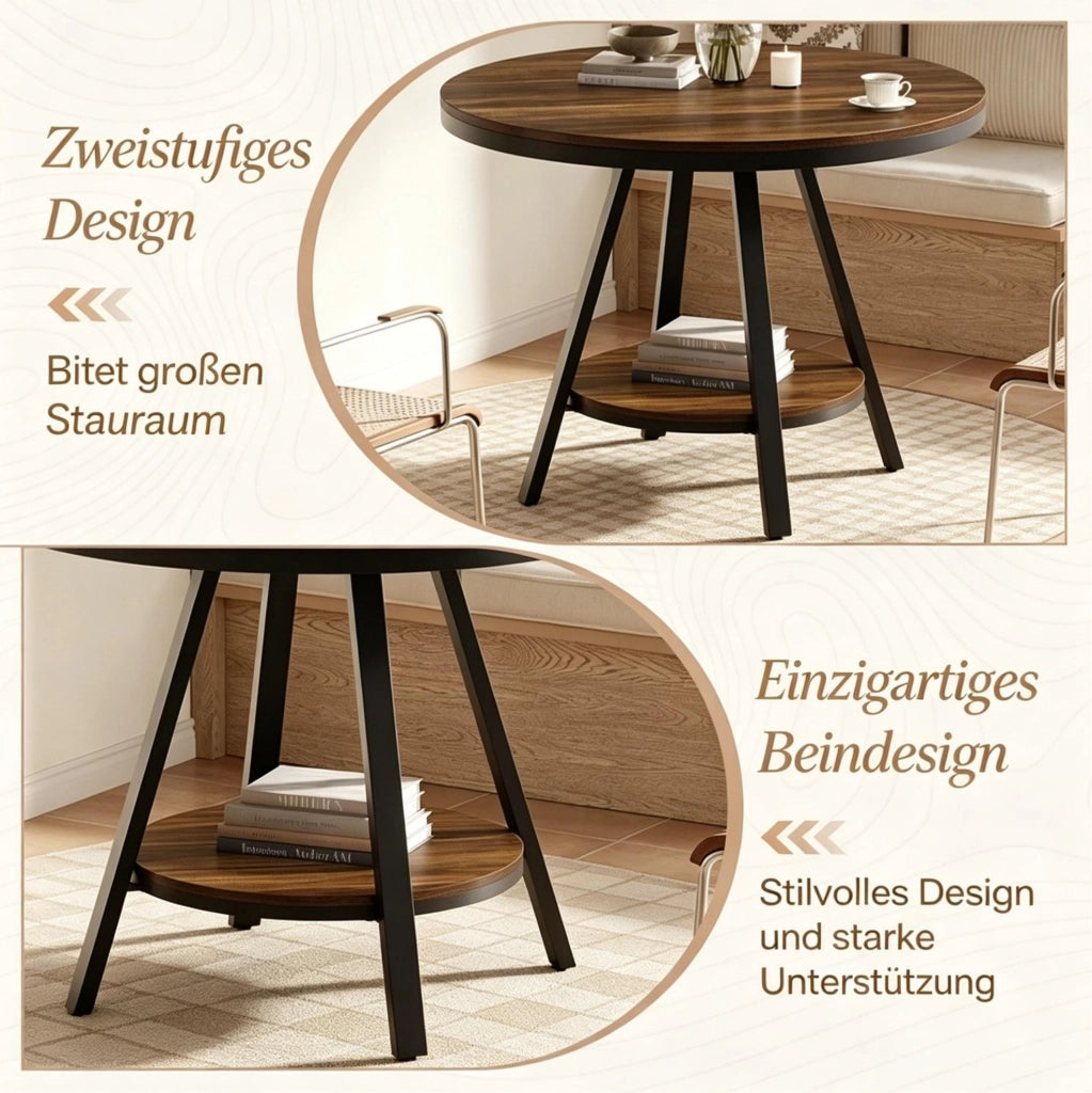Tavolo da pranzo rotondo ULEVR ? 90 cm con ripiano inferiore, MDF e metallo, nero e marrone rustico