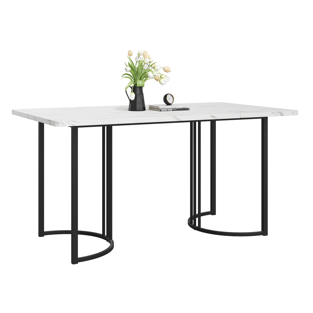Tavolo da pranzo 140x80x75 cm con piedini regolabili; piano effetto marmo in MDF; bianco