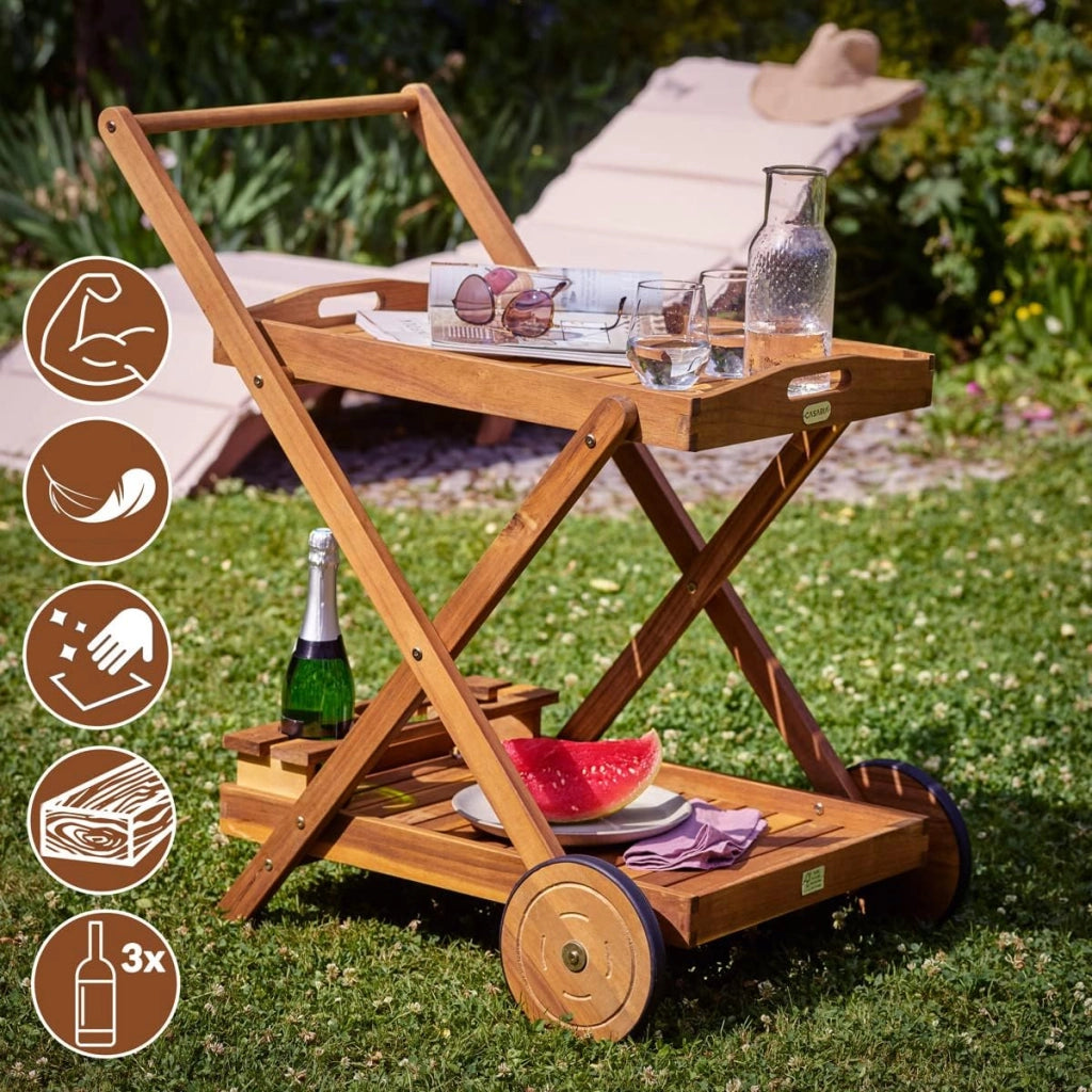 ® Carrello da Cucina Portavivande in Legno di Acacia Certificata FSC® 2 Ripiani Vassoio 3 Portabottiglie Giardino