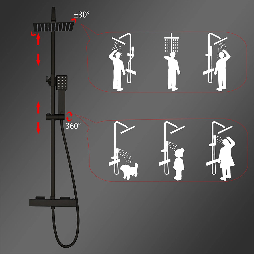 Colonne doccia nero, soffione doccia quadrato 20x20cm acciaio inox, saliscendi doccia tondo regolabile 72-120cm