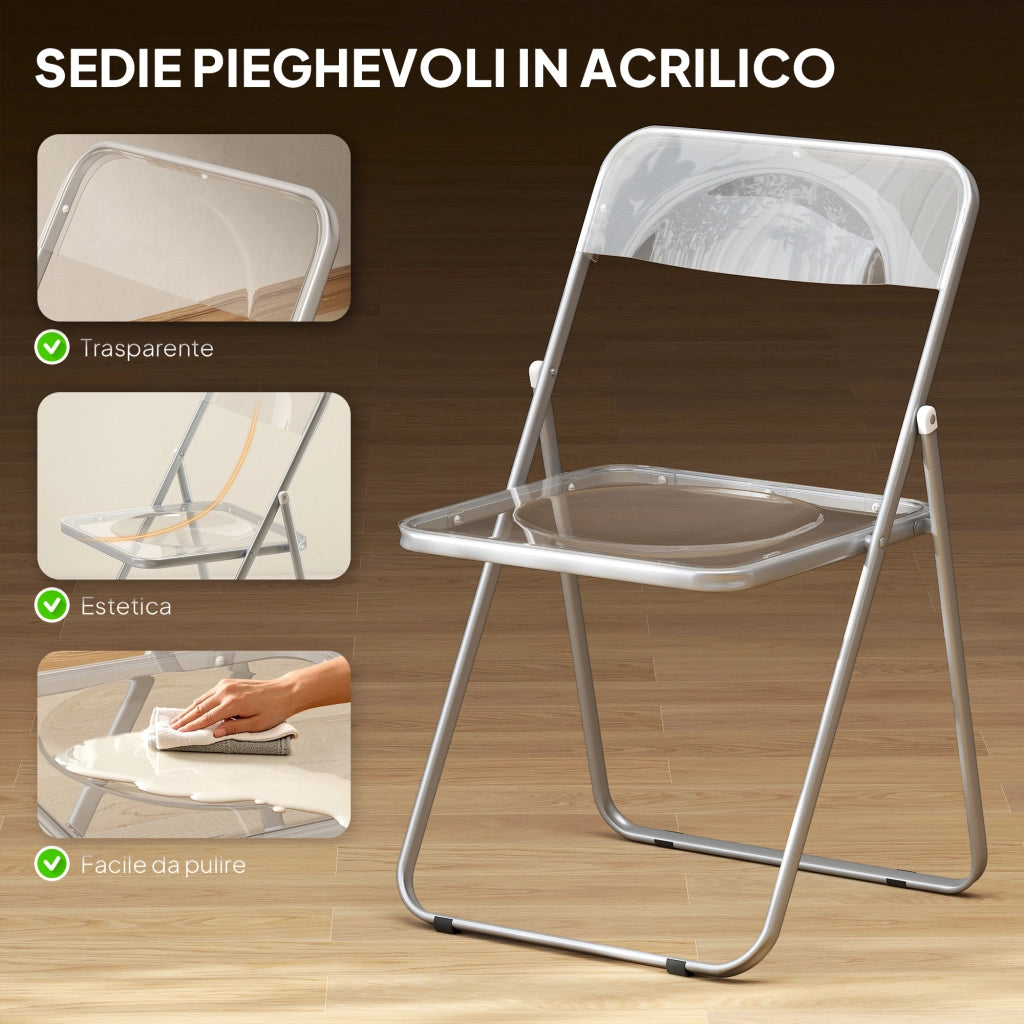 Set 4 Sedie Pieghevoli Salvaspazio 47x48x75 cm in Acciaio e Acrilico Trasparente