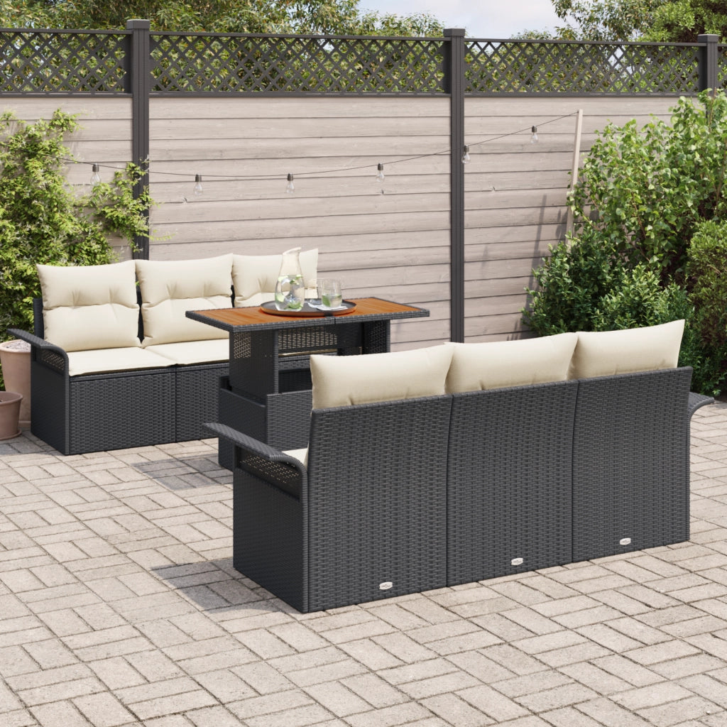 Set di divani da giardino 7 pezzi con cuscini in polyrattan nero