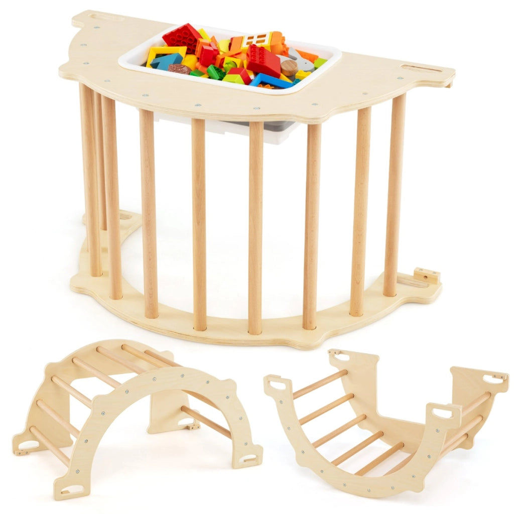 Tavolo sensoriale ad arco da arrampicata 8 in 1 per bambini, Palestra montessori con contenitore pieghevole Naturale-Arrampicate e scivoli