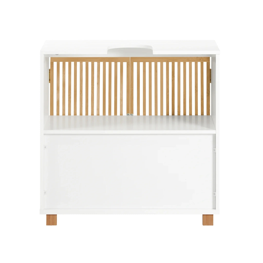 Mobile Sottolavabo Con Due Ante In Bambù Mobile Base Mobiletto Del Bagno Senza Lavandino Bianco-Naturale 60x33x60cm BZR125-W SoBuy