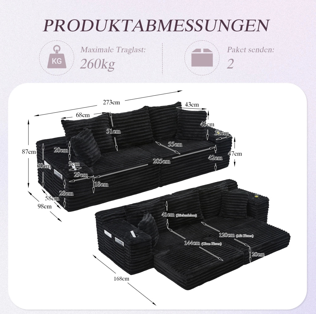 Divano modulare in tessuto a coste trasformabile in letto; 273x98x87 cm; nero