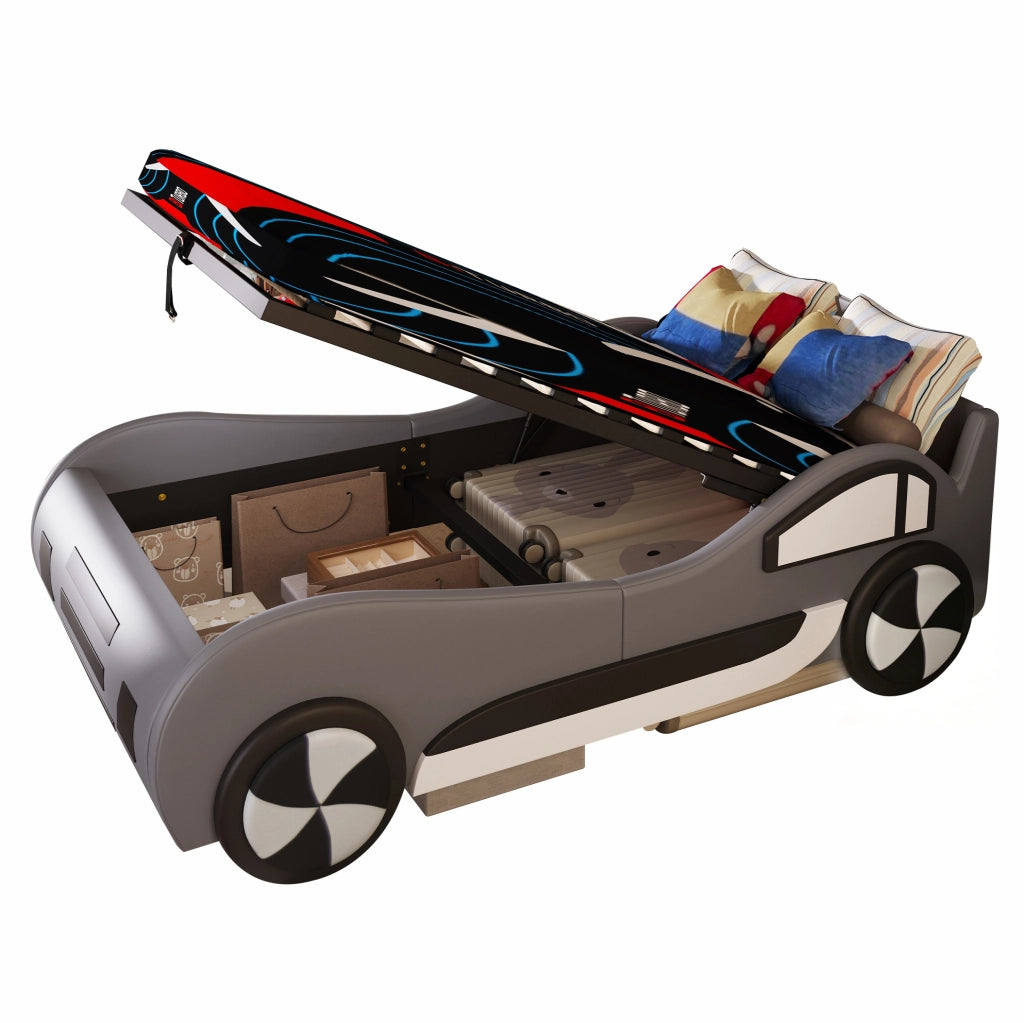 Letto per bambini a forma di auto 90x200 cm con rete a doghe e vano idraulico; grigio