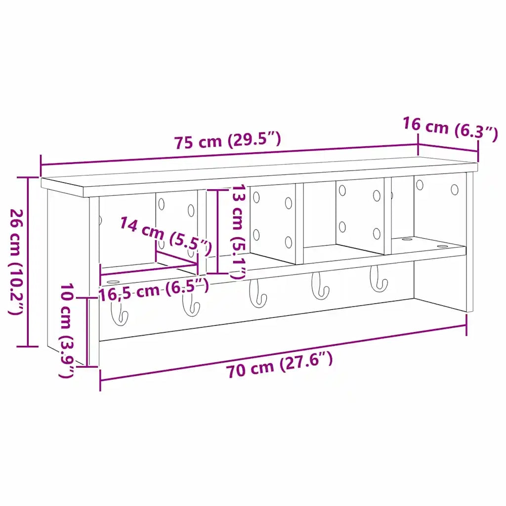 vidaXL Appendiabiti a muro Legno vecchio 75 x 16 x 26 cm