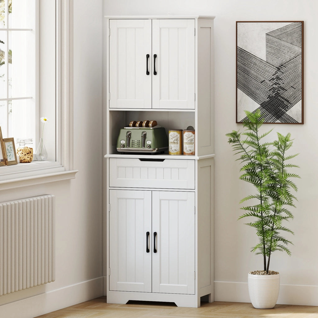 Credenza Cucina 60x30x172 cm con 2 Armadietti Cassetto e Piano Centrale con Passacavi in MDF Bianco