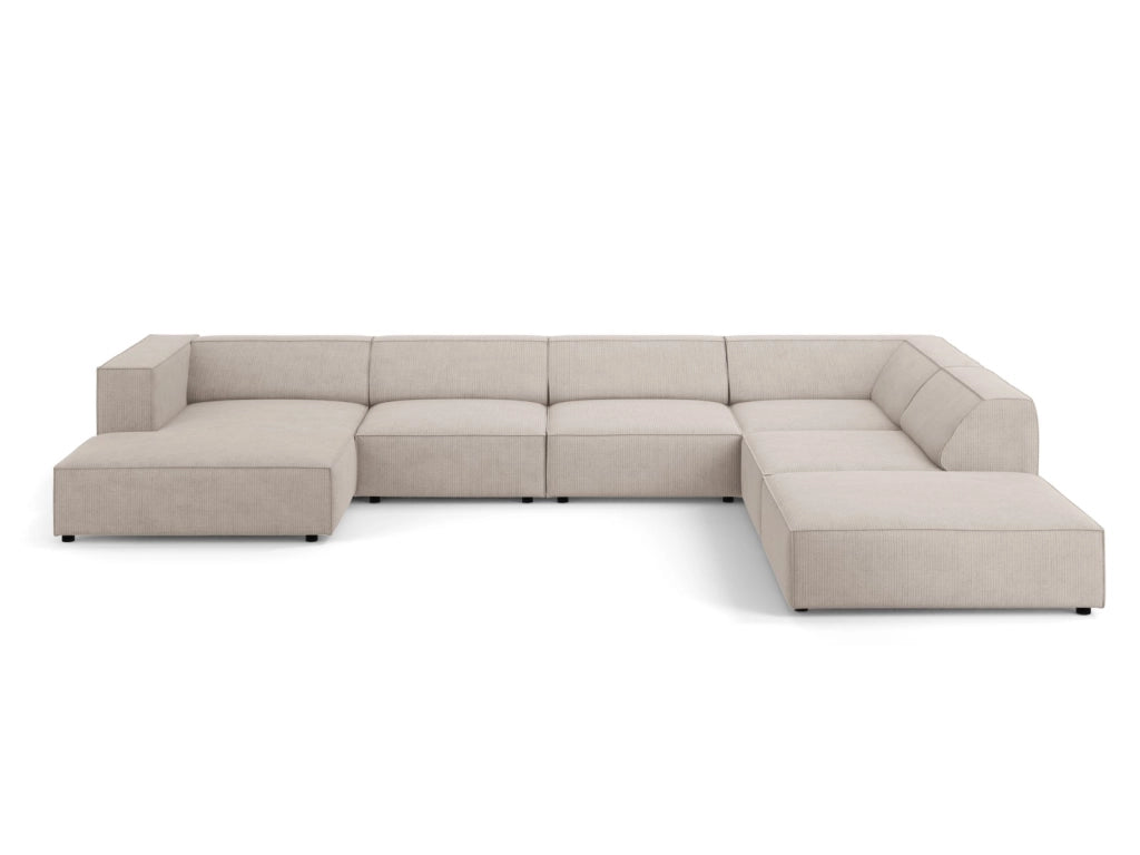 Cosmopolitan Design - Divano panoramico destro "Arendal" 7 posti in ciniglia con effetto a coste beige scuro 