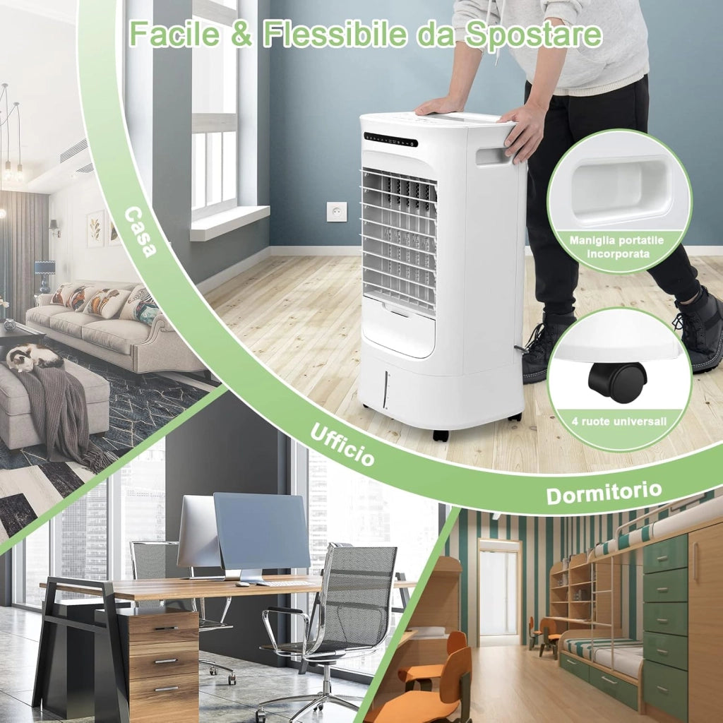 Condizionatore Portatile 4 in 1, Con Raffreddamento, Ventola, Umidificazione, Purificazione, Serbatoio dell’acqua di 10 L, 15H Timer, Con Telecomando e Ruote