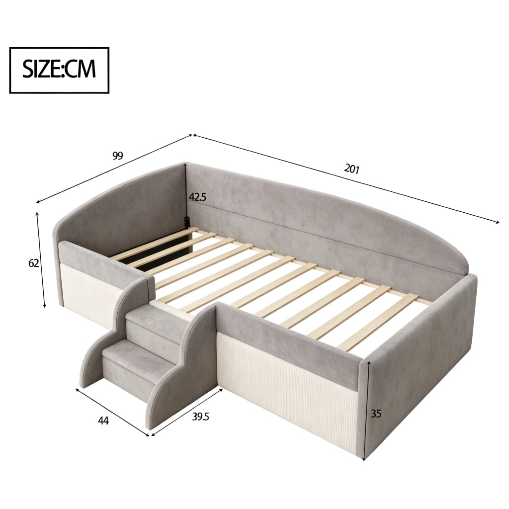 Letto imbottito per bambini con gradini e recinzioni, 90x190 cm, grigio
