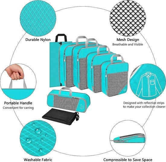 Set di contenitori per bagagli con compressione a gas, set da 7, azzurro cielo