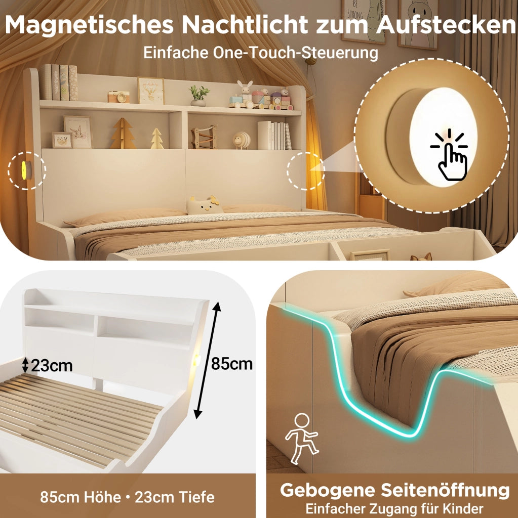 Letto matrimoniale 140x200 cm in legno bianco con luci notturne e ripiani