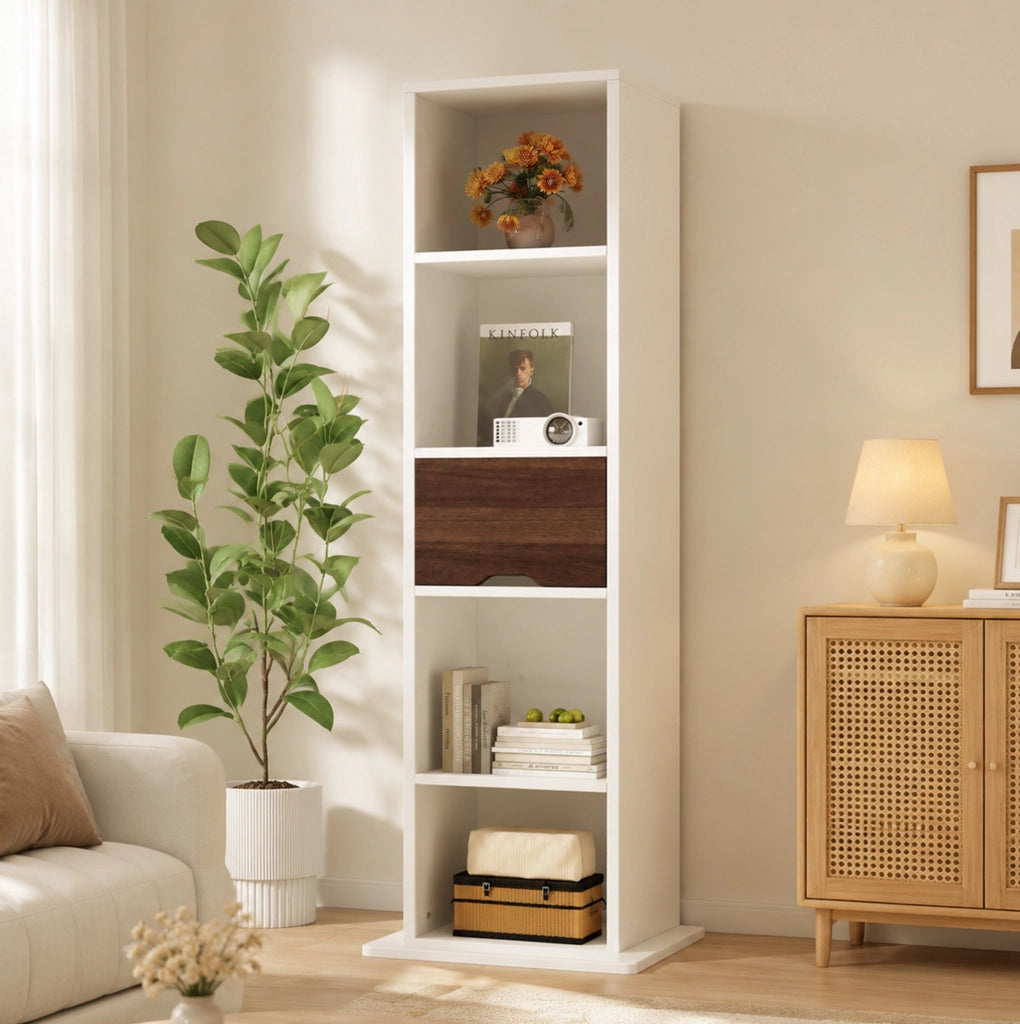 Mobile girevole ULEVR 45x45x168 cm con specchio a figura intera, 4 vani aperti e cassetto, bianco