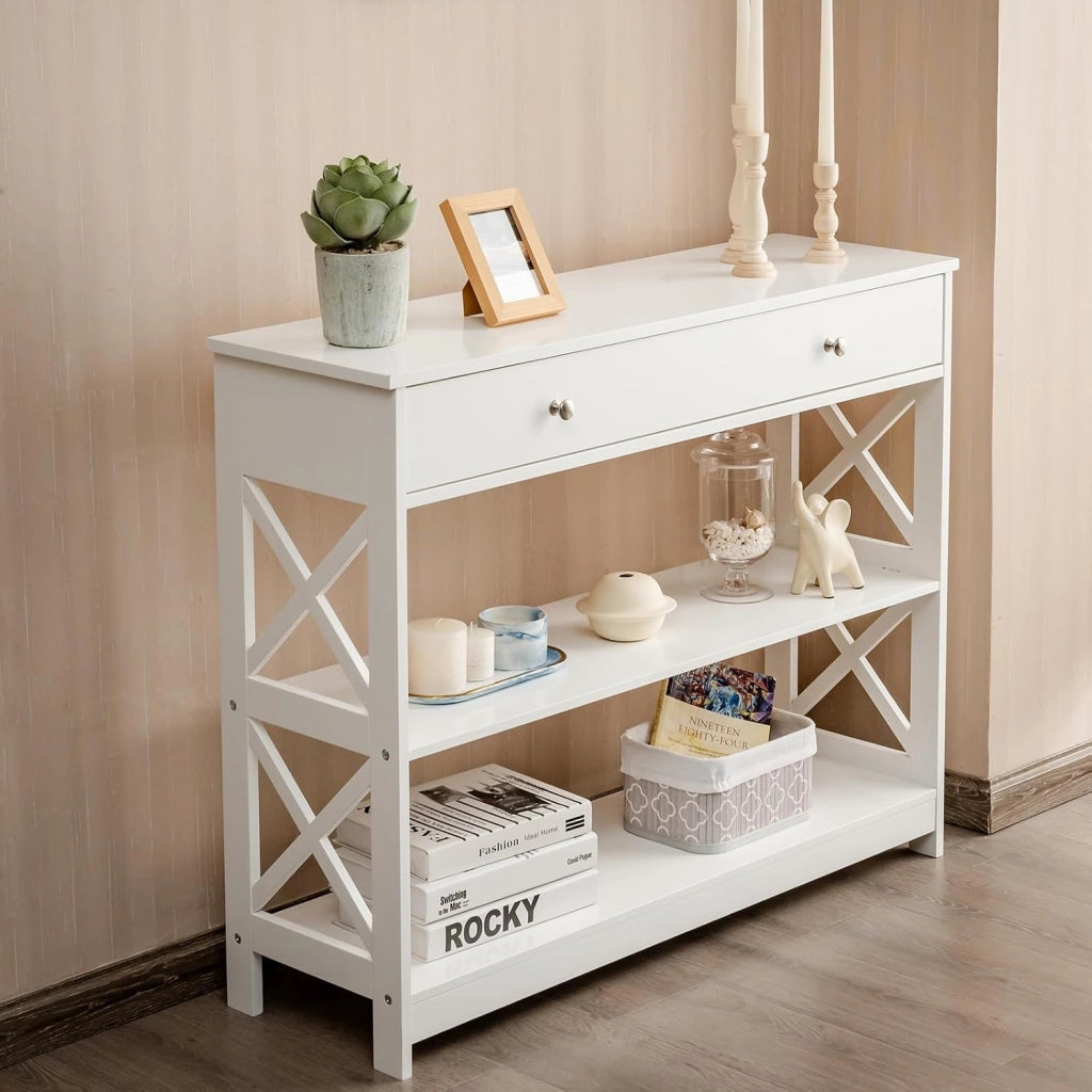 Ingresso per ingresso, console da ingresso stretta a 3 livelli con ampio cassetto per chiavi, orologi e gioielli, mobile ingresso per soggiorno e camera da letto, 100 x 30 x 80 cm (bianco)