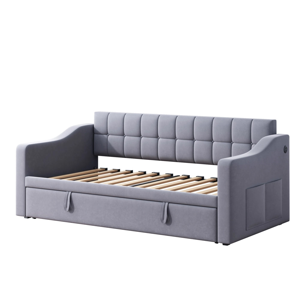 OKWISH Letto Estraibile 2 Posti, Letto Singolo con USB e Tasca Portaoggetti, 90×190 cm e 180×190 cm, senza Materasso, Velluto Grigio