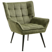 Poltrona in stile retrò con rivestimento idrorepellente gambe in acciaio imbottitura trapuntata e braccioli verde
