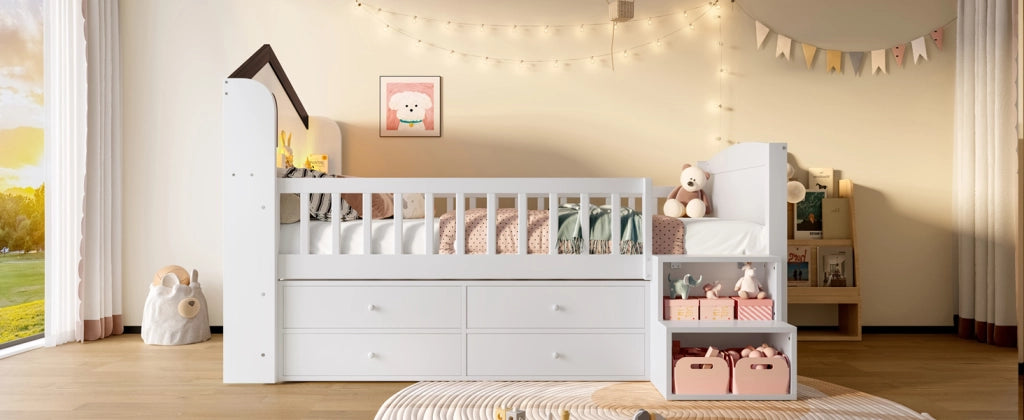DESMIU Letto per bambini rialzato 1 posto con 4 cassetti, LED regolabile e scala con ripiani, 90 × 200 cm, senza materasso