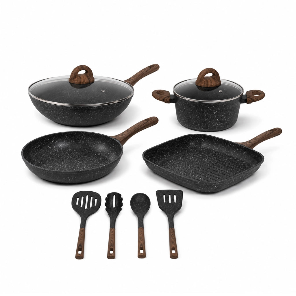 Set Pentole e Padelle Antiaderenti Induzione 10 Pezzi Marble con Wok Bistecchiera Casseruola Padella e Utensili Cucina Compatibile Gas Vetroceramica Piano Elettrico