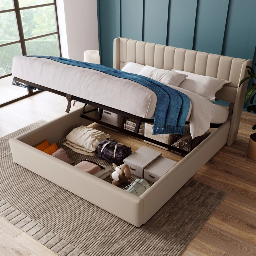 Letto matrimoniale con contenitore e alzata idraulica 140x200 cm in lino beige