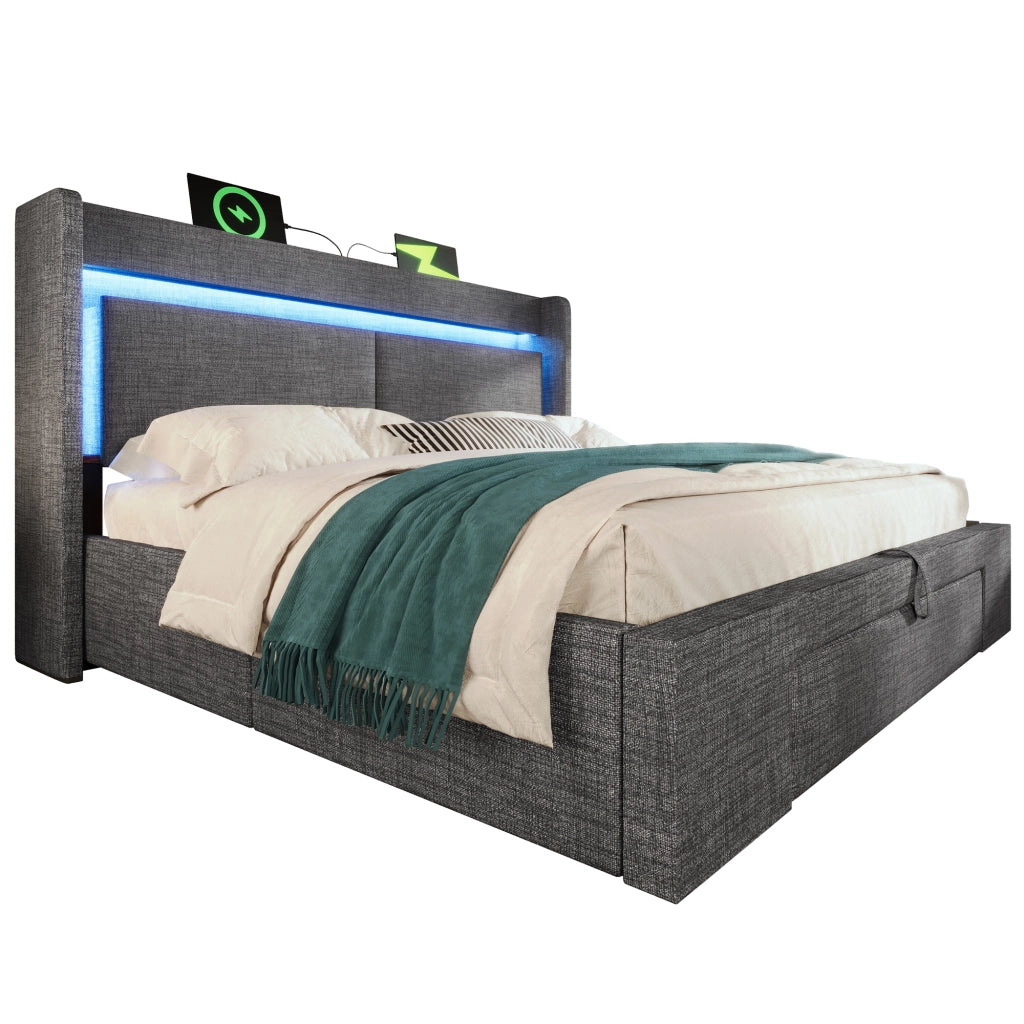 Letto imbottito in lino grigio 140x200 vano idraulico LED USB doghe con materasso