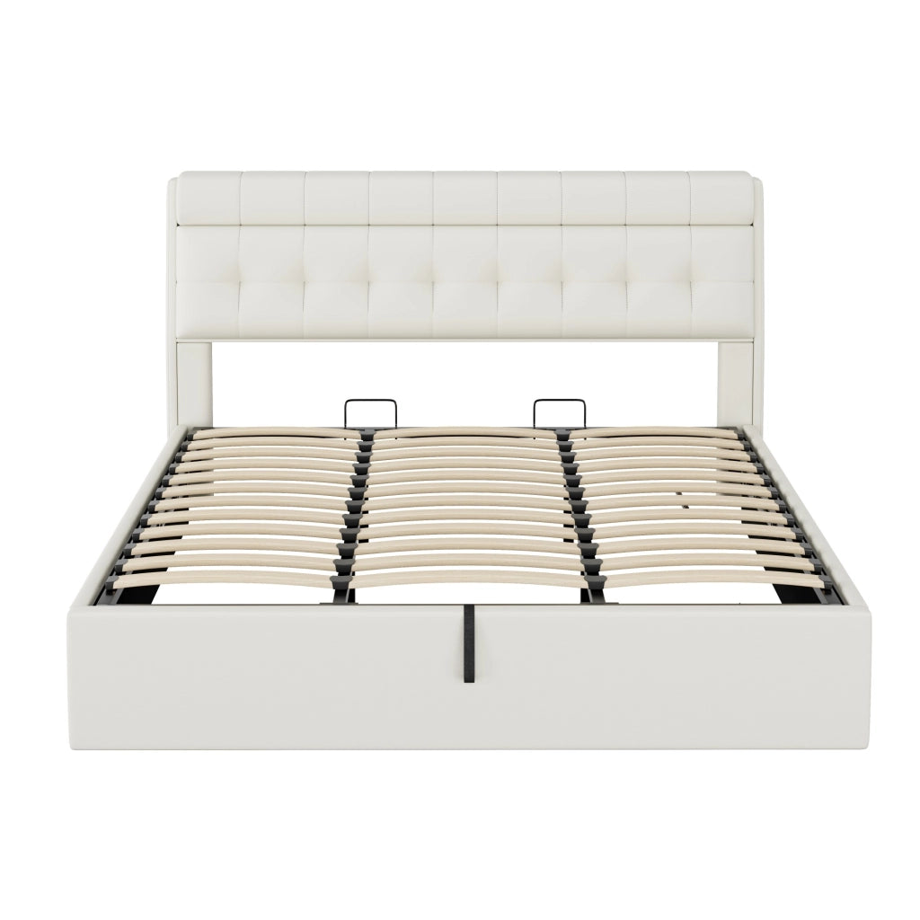 Letto imbottito elegante - Zephmum - 180x200 - Bianco - Idraulico, con testiera e contenitore