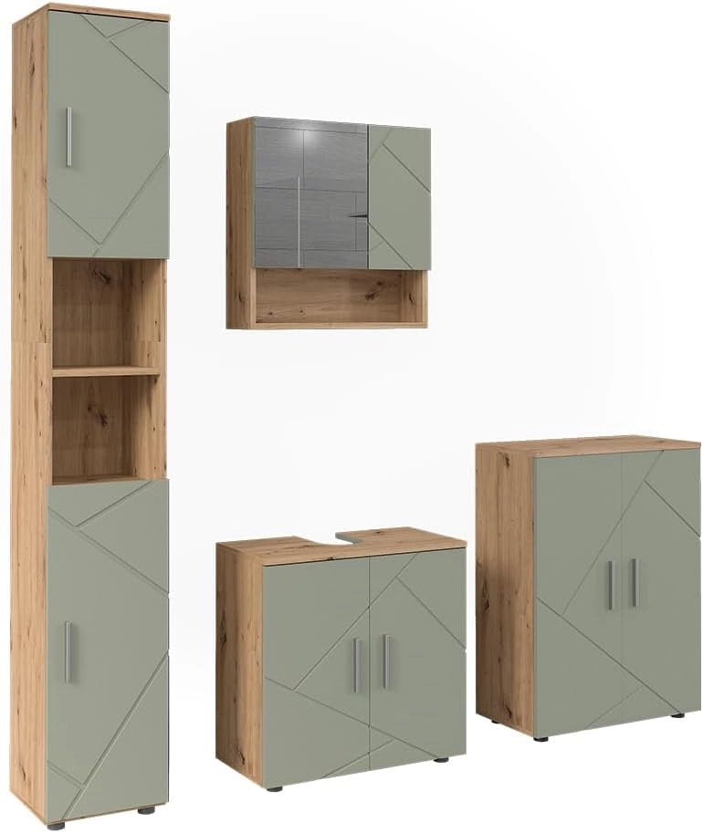 Set di mobili da bagno Irma, Verde salvia, 60 cm, composto da mobile lavabo, pensile a specchio, colonna e base media