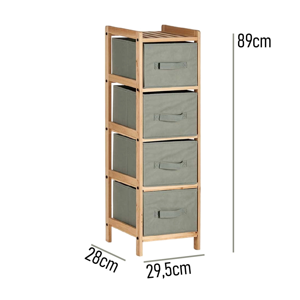 Mobile Cassettiera 4 Cassetti in Legno Naturale e Stoffa Colore Grigio H 89cm