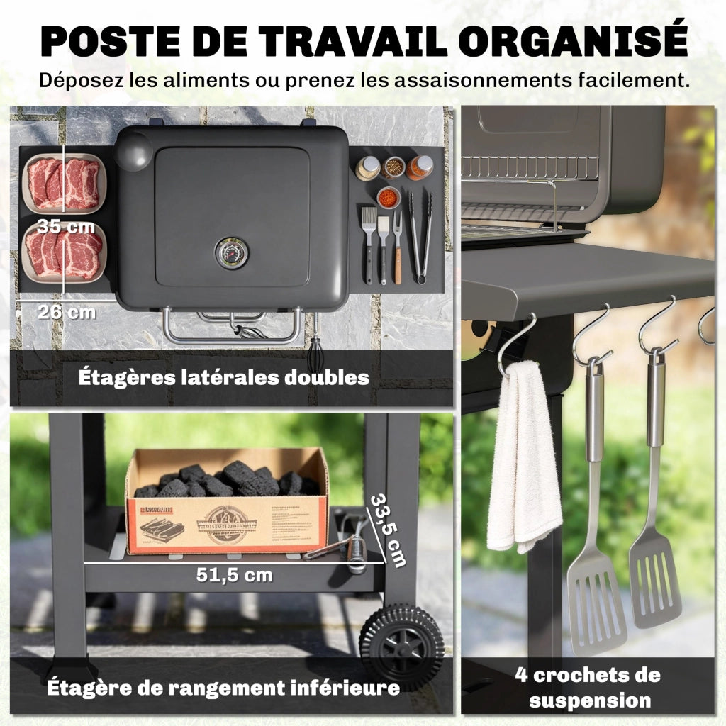 Barbecue a carbone con griglia regolabile ¨C zephmum ¨C con ripiani laterali e termometro