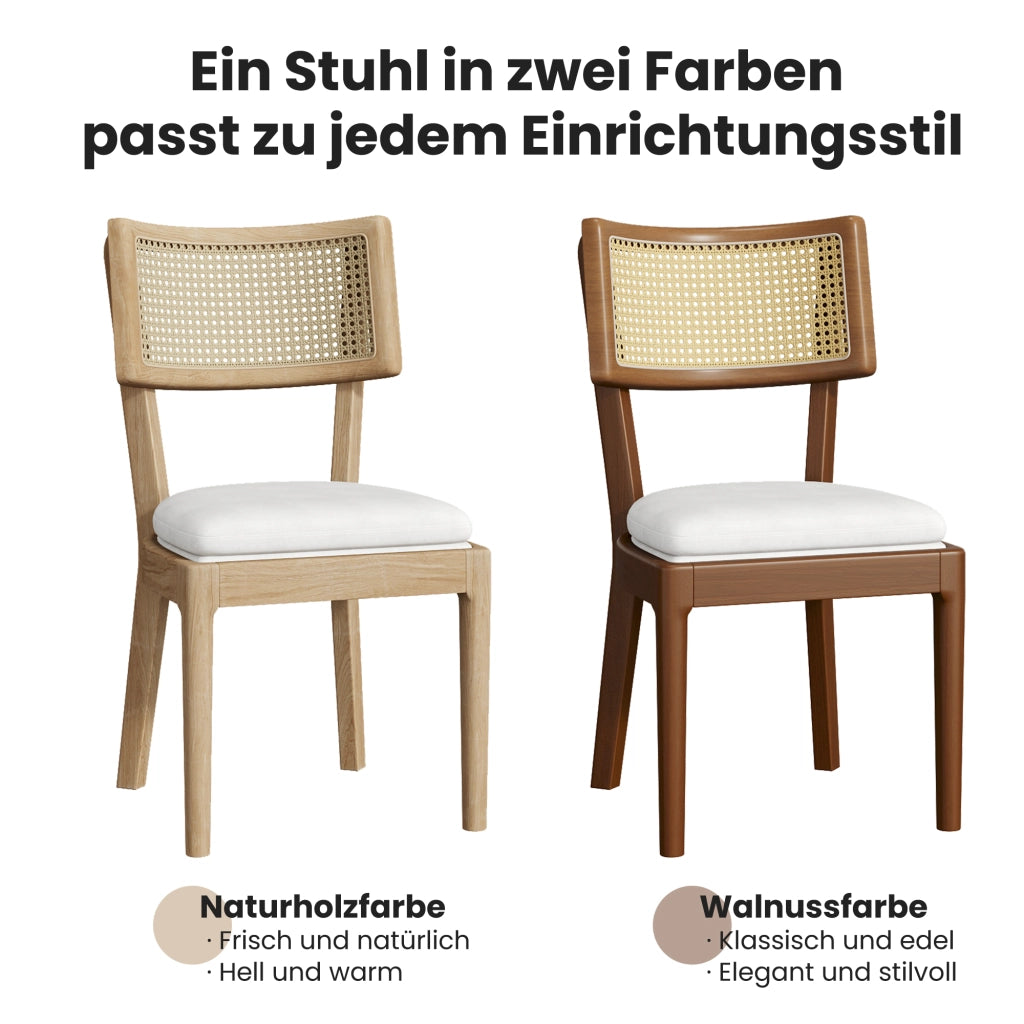 Set di 2 sedie da pranzo - con schienale in rattan e cuscino in lino - noce
