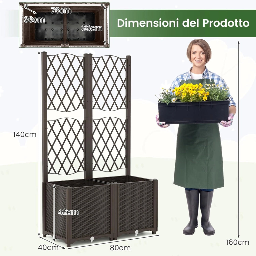 Letto da Giardino Elevato con Trellis a Lattice, Fioriera Autoinnaffiata per Piante Rampicanti, Fiori e Verdure, Fioriera Verticale da Interni e Esterni (Marrone,80 x 40 x 140 cm)